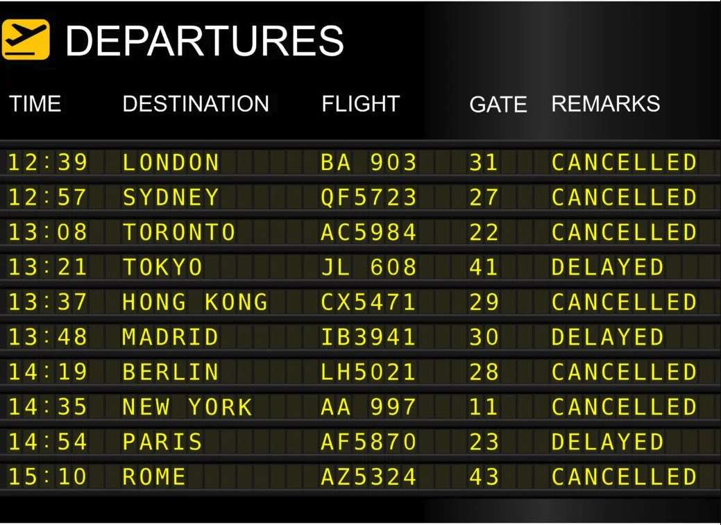 Panel aeropuerto vuelo retrasado y cancelado